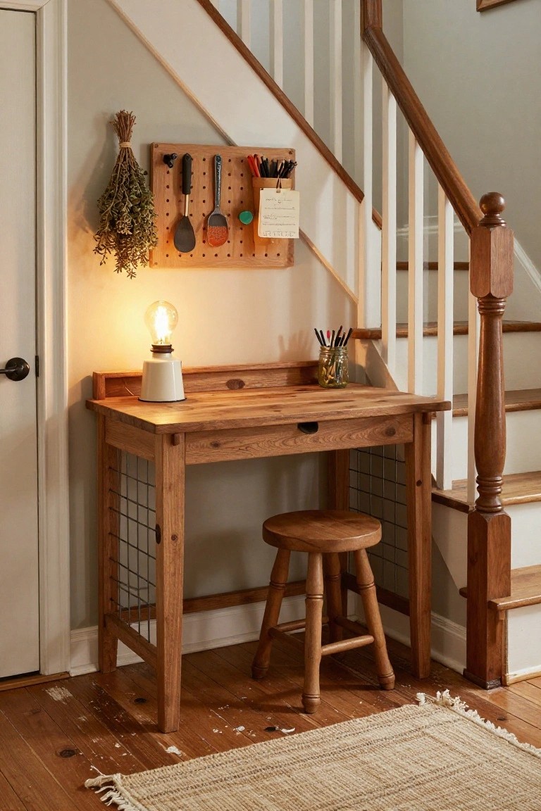 A wooden desk and stool placed under a staircase with a pegboard on the wall holding kitchen tools and a lit lamp on the desk.