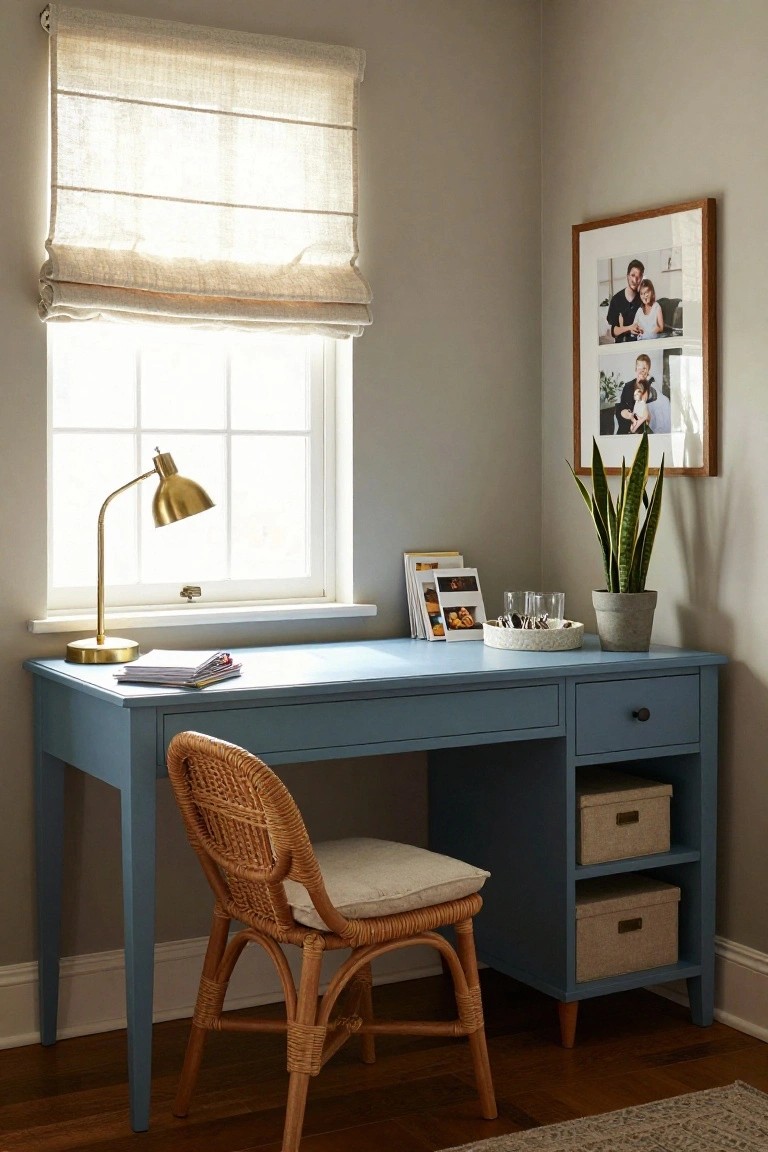 Blue desk with woven chair, brass lamp, and framed photos by window.