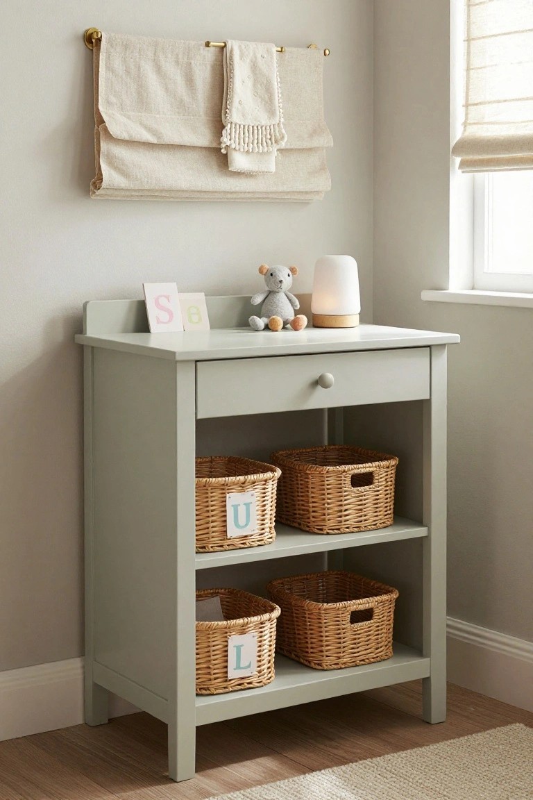 A light green cabinet used as a desk with open shelves holding four wicker baskets, a small lamp, and a teddy bear on top, plus folded towels on a wall rack above.