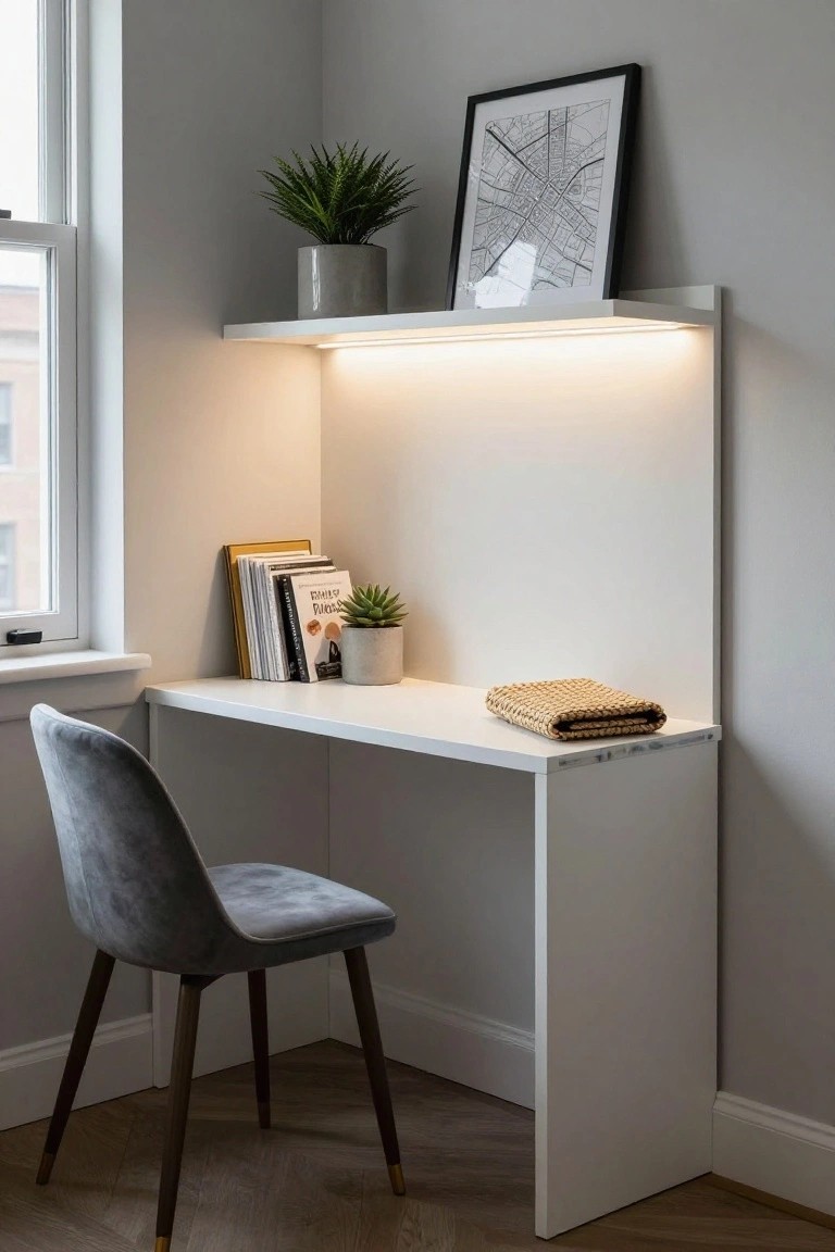 Modern white corner desk with LED shelf, gray velvet chair, and books.