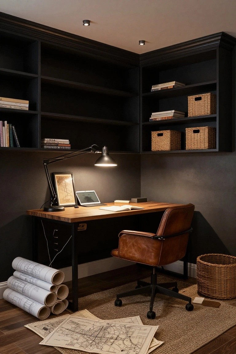 Cozy dark home office with wooden desk, leather chair, and bookshelves.