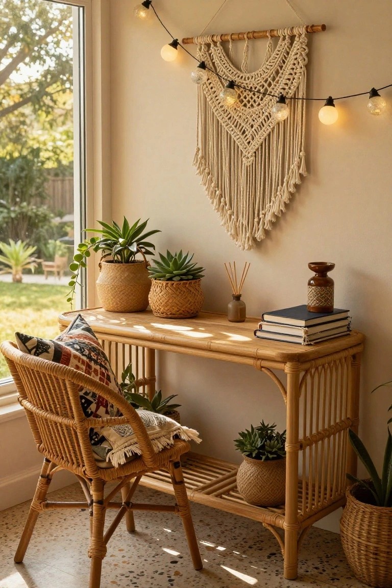 A light wood desk with a rattan chair, woven plant baskets, books, and a macrame wall hanging with string lights above.