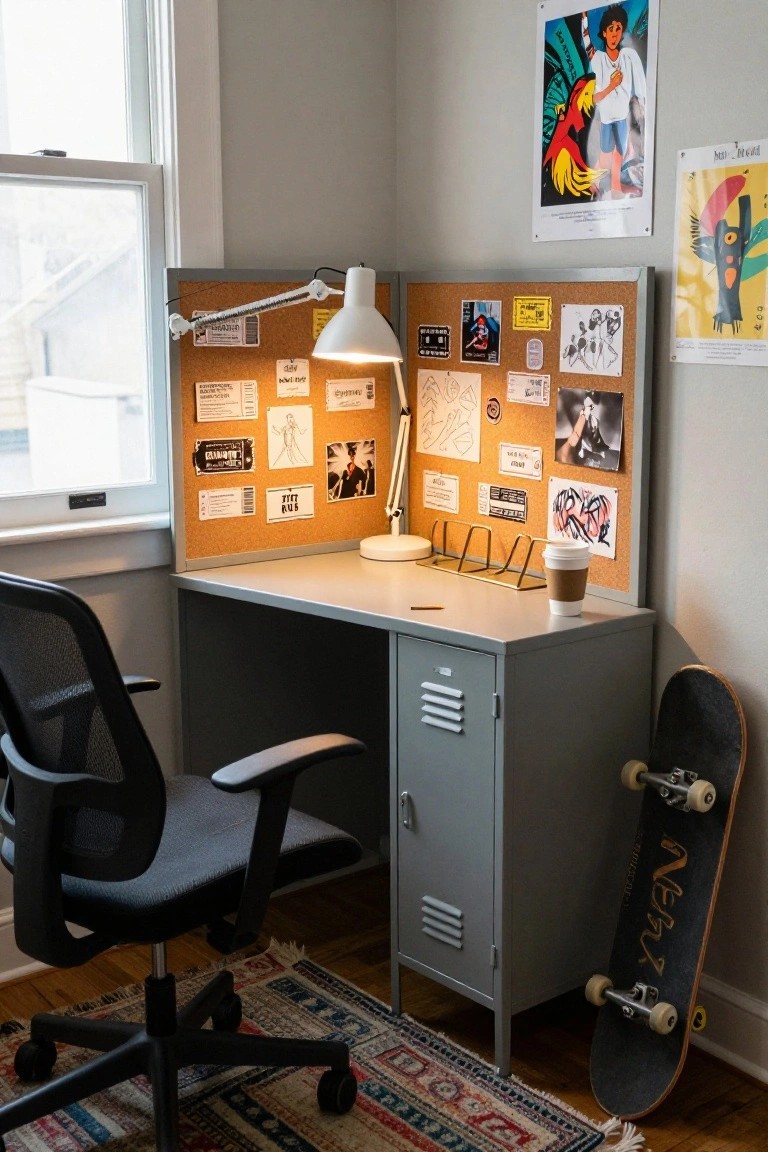 Corner desk with corkboards, lamp, office chair, and skateboard.