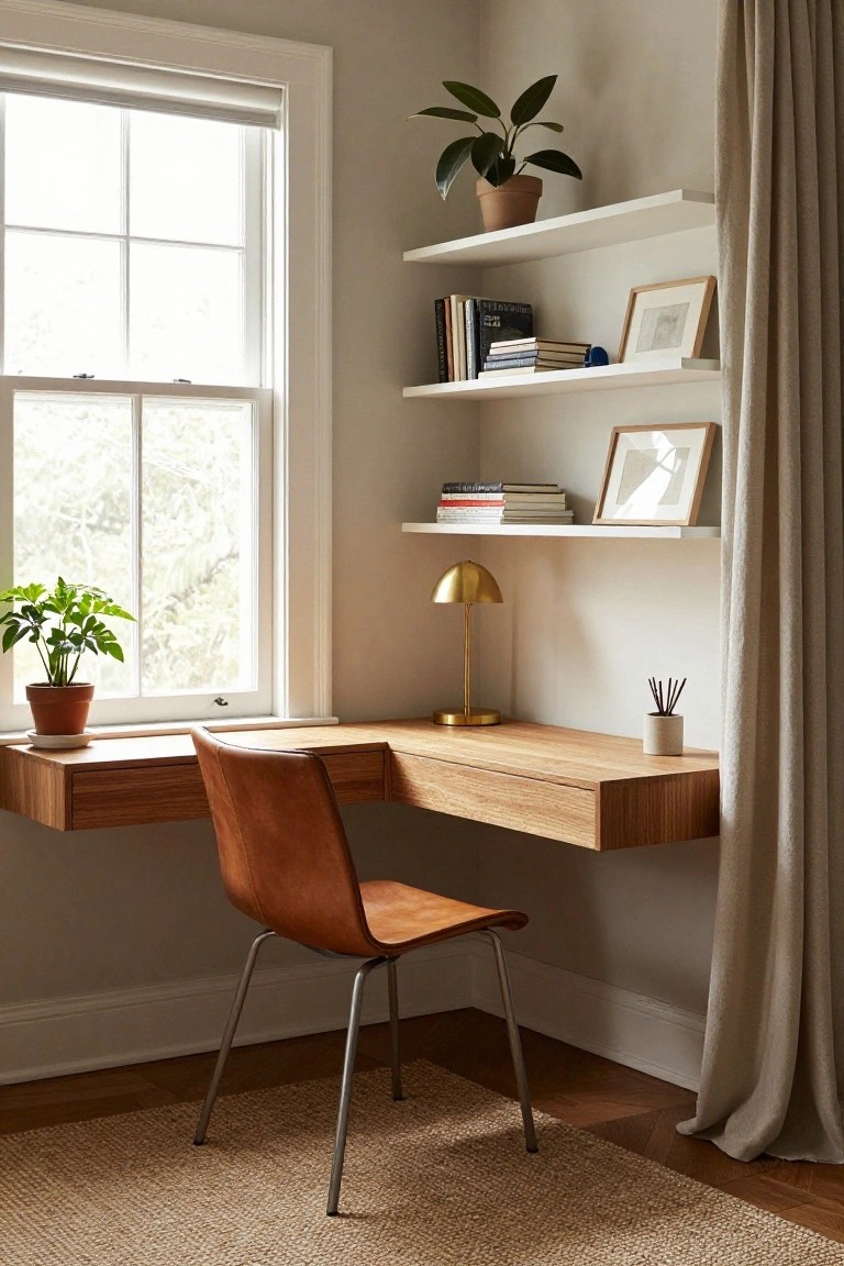 A wooden floating corner desk with white shelves above it holds books and framed art, next to a window with a brown leather chair pulled up on a woven rug.