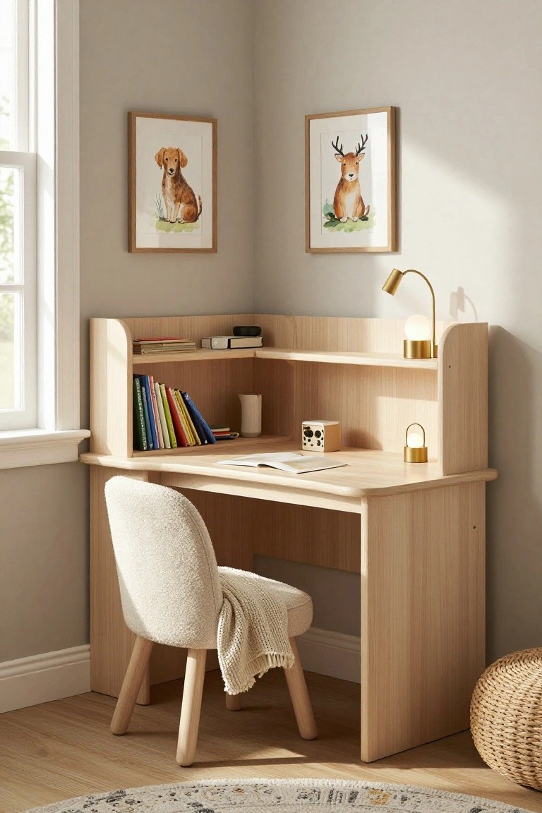 Light wood corner desk with open book, fuzzy chair, and animal wall art.