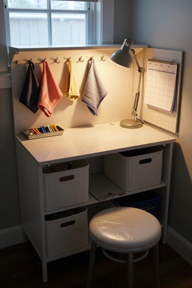 A white corner desk setup against a wall with a task lamp, wall hooks holding cloths, a calendar board, and several woven storage baskets underneath.