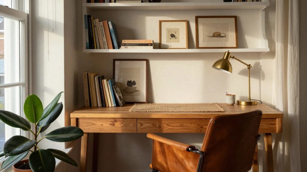 19 Cozy Corner Desk Ideas That Create a Calm Focus Zone A wooden floating corner desk with white shelves above it holds books and framed art, next to a window with a brown leather chair pulled up on a woven rug.