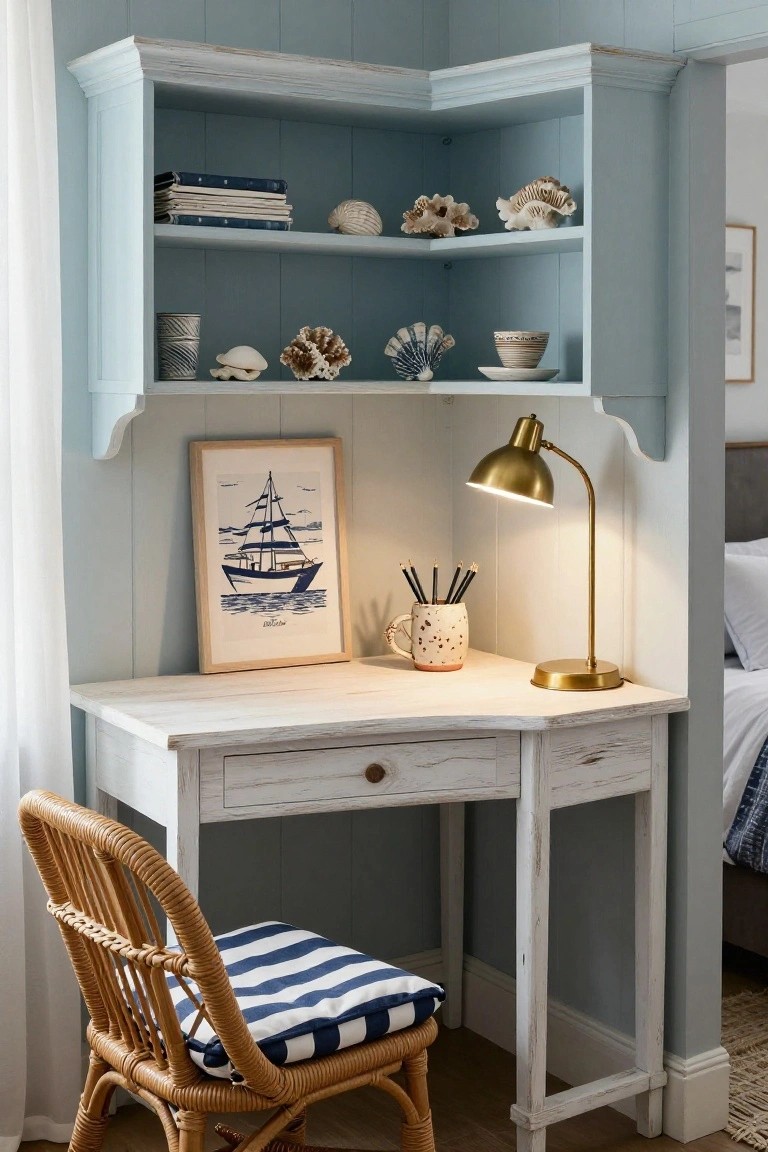 A whitewashed corner desk with overhead open shelves, a rattan chair with striped cushion, brass desk lamp, and framed nautical print in a light blue paneled room.