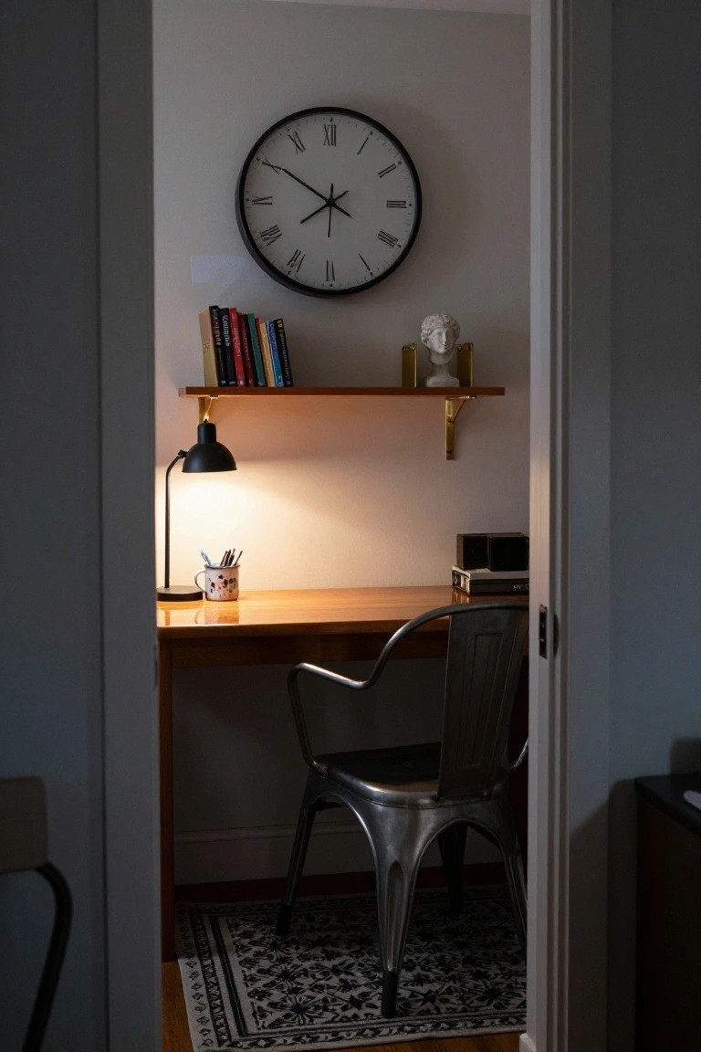 A wooden desk with a metal chair, clock above, and warm desk lamp.