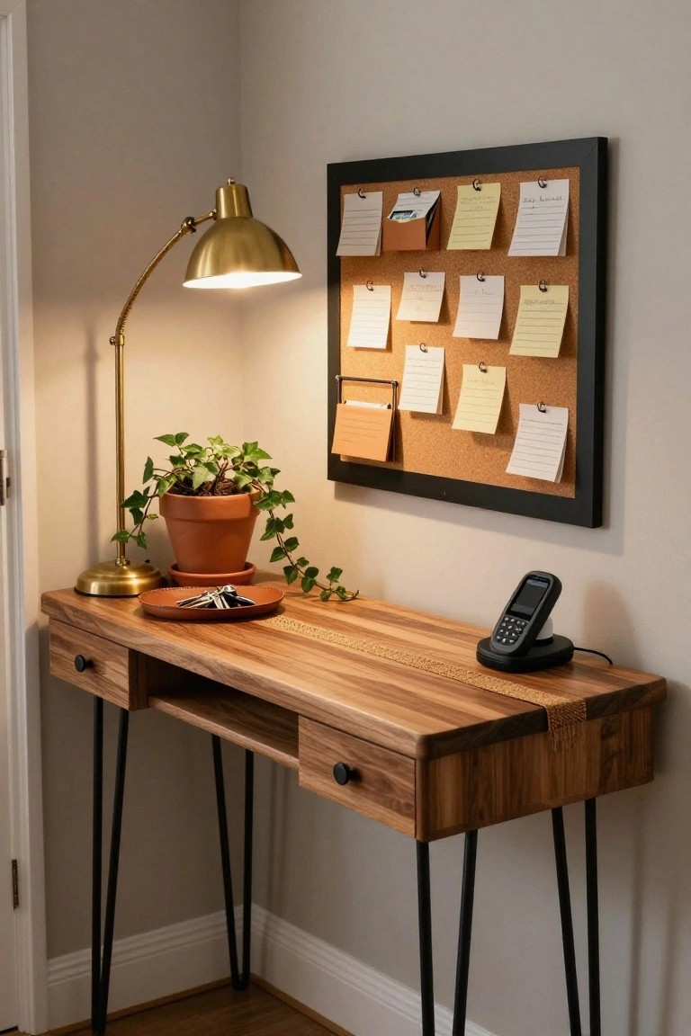 A wooden corner desk with black hairpin legs, a lit brass lamp, potted plant, and a black-framed corkboard covered with pinned notes and papers on the wall above.