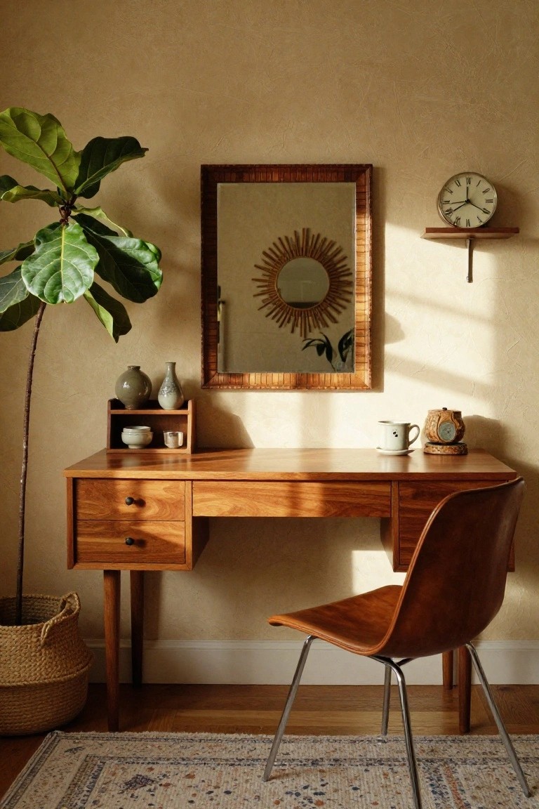 A wooden desk with two drawers on the left and a brown molded chair pulled up to it, positioned beneath a large framed mirror in a room with a potted plant to the side.