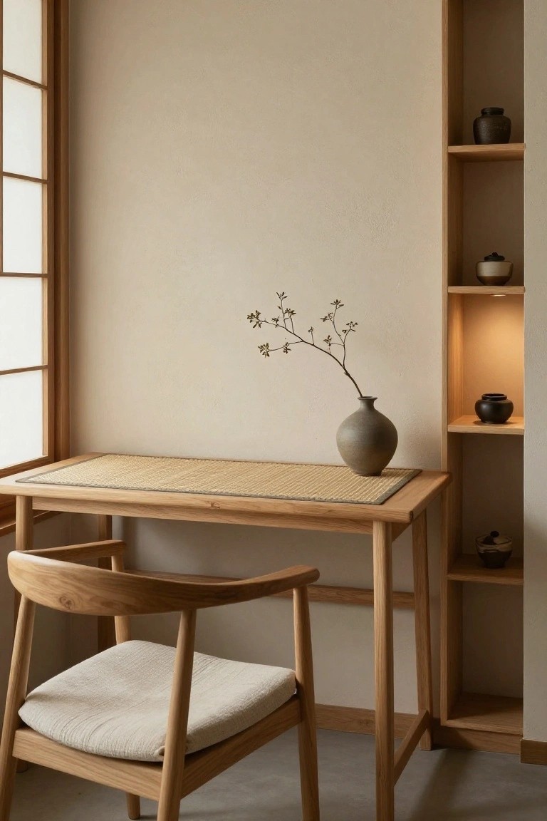 A light wood desk with a woven mat and a single ceramic vase holding branches sits beside a wooden chair, with built-in shelves on the right.