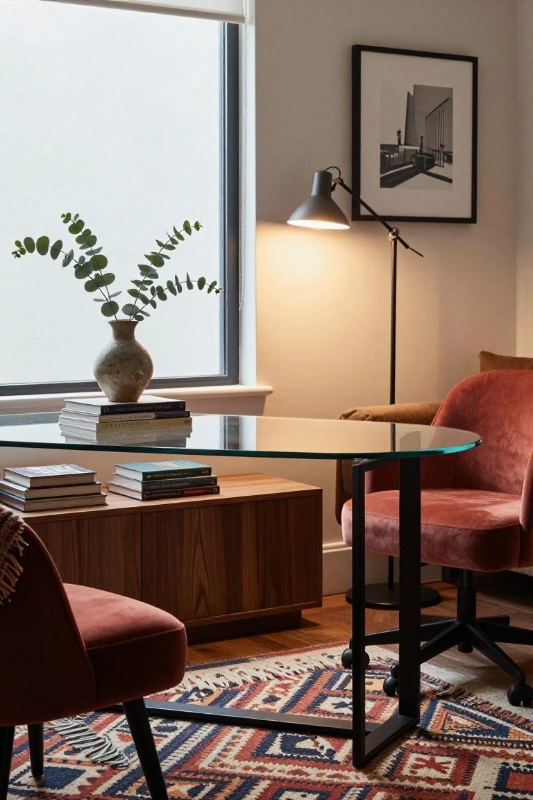 A round glass desk with stacked books and a vase of greenery sits near a window beside a red velvet office chair and floor lamp.