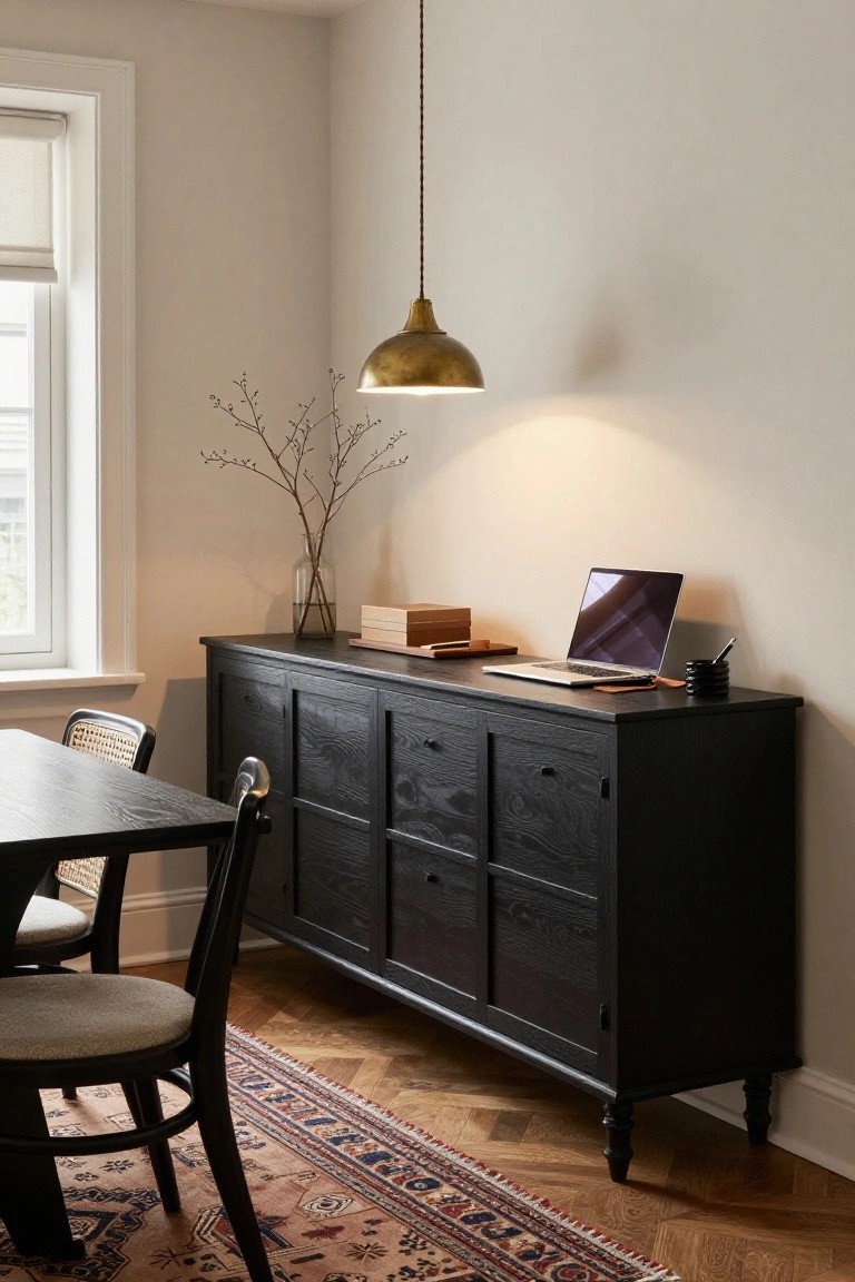 Dark wood sideboard with laptop and brass pendant light in dining room.