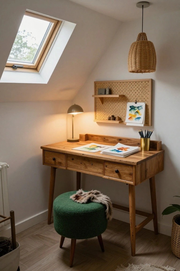 A wooden desk with three drawers is positioned under a slanted ceiling with a skylight, featuring a woven wall organizer with a shelf above it and a green upholstered stool in front.