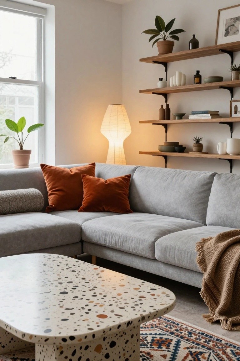 Light gray L-shaped fabric sofa with multiple burnt orange velvet pillows and a gray bolster in a living room with wooden floating shelves holding plants, ceramics, bottles, and books, a white paper lamp, terracotta plant pots by the window, terrazzo coffee table, knit throw, and patterned rug on wood floor.