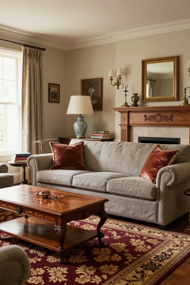 Light gray tufted sofa with rust velvet pillows in a living room featuring a wooden coffee table, ornate fireplace, bookshelves, lamp, and red patterned rug on hardwood floor.