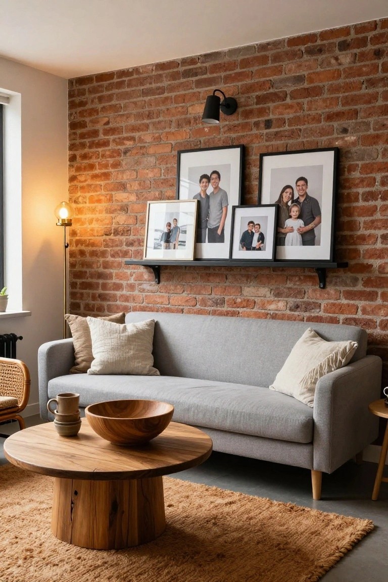 Light gray sofa in a living room with exposed brick accent wall, black floating shelves holding family photos, wooden coffee table with bowl, rattan chair, and warm lamp lighting.
