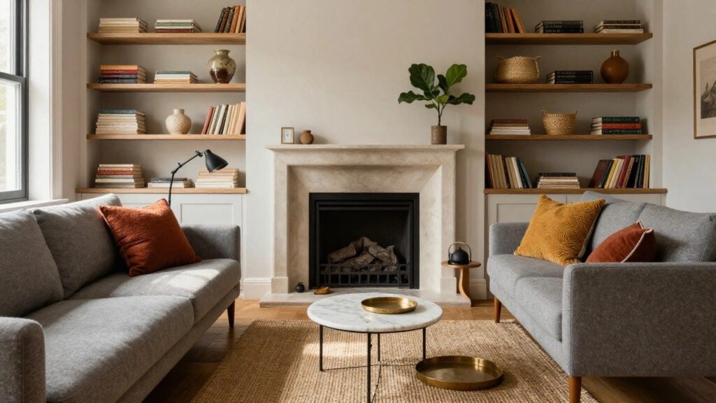 Light grey fabric sofa with orange and cream pillows on a hardwood floor, next to wooden floating shelves with books, vase, basket, and plants, a fiddle leaf fig, wooden cabinets, marble coffee table with brass tray, black lamp, and jute rug in a room with fireplace and large window.