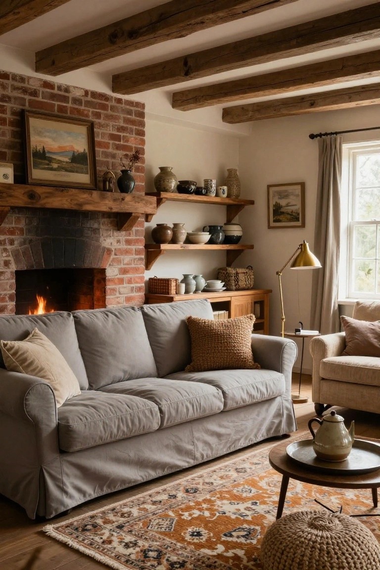 Living room with light grey slipcovered sofa facing brick fireplace under exposed wooden beams, wooden shelves holding pottery, brass lamp, and woven pouf on oriental rug.