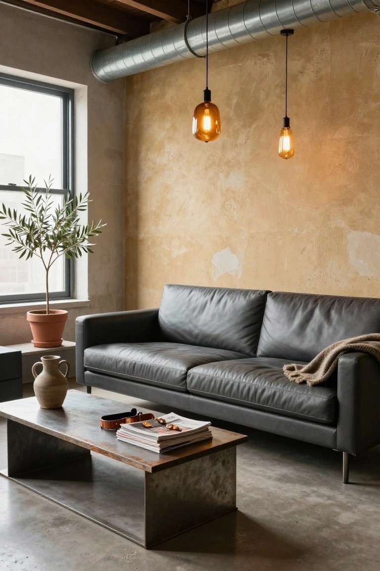 Modern industrial living room with dark grey leather sofa, low rusted metal coffee table holding magazines and accessories, potted olive tree near window, terracotta vase, hanging amber bulb lights, textured beige wall, and polished concrete floor.