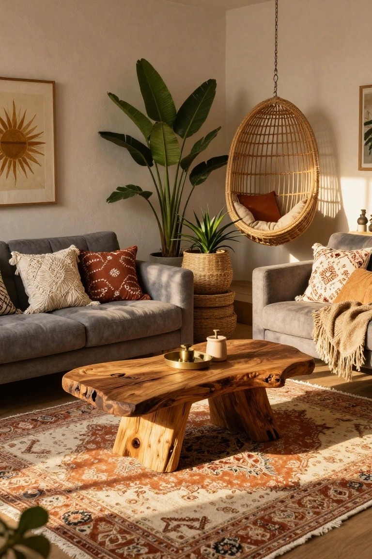 Living room with two light grey fabric sofas facing each other, a large live-edge wood coffee table in the center, rattan hanging egg chair with red and cream cushions, potted palm and snake plants, patterned orange and cream rug, and neutral walls with art.