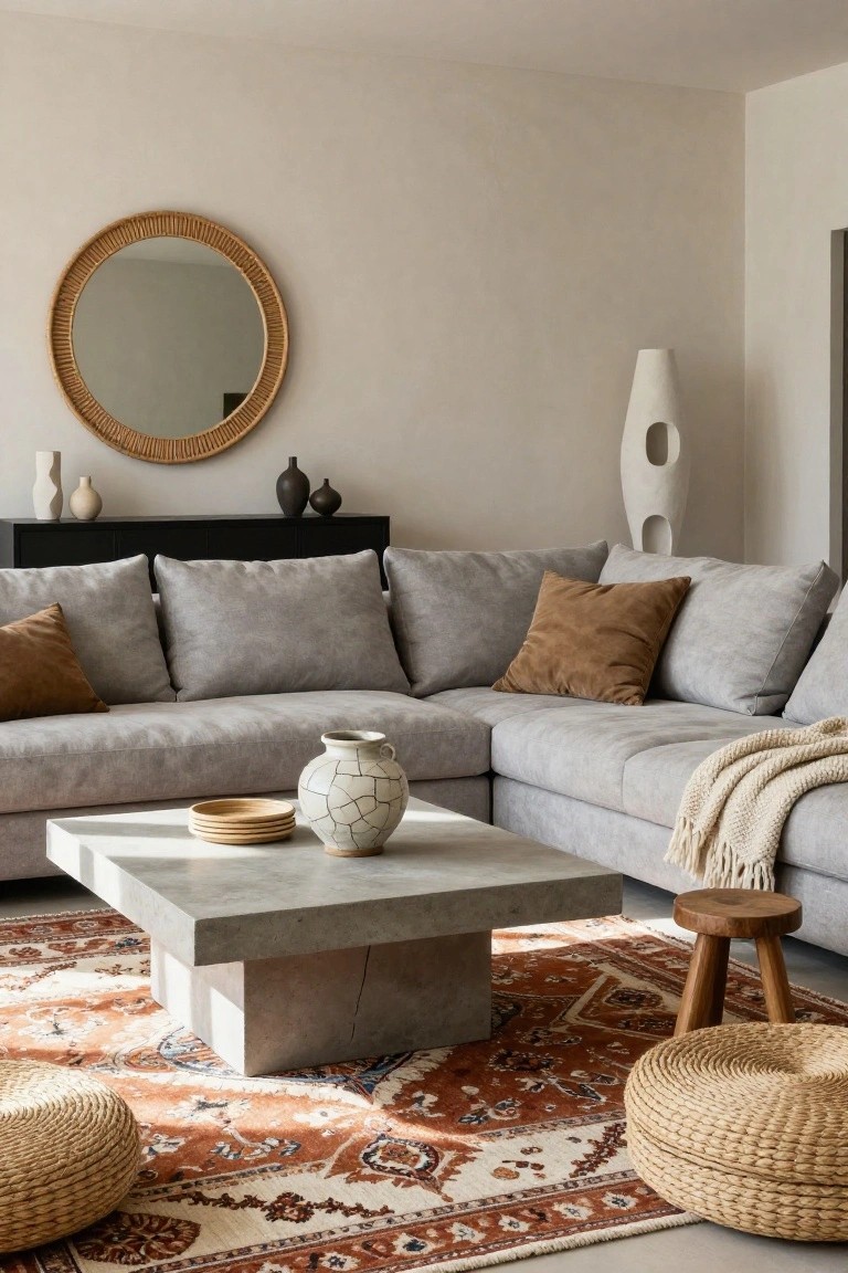 Light grey L-shaped sofa in a beige living room with woven rattan poufs, terracotta area rug, concrete coffee table, ceramic vases, rattan mirror, and floor lamp on light wood floors.