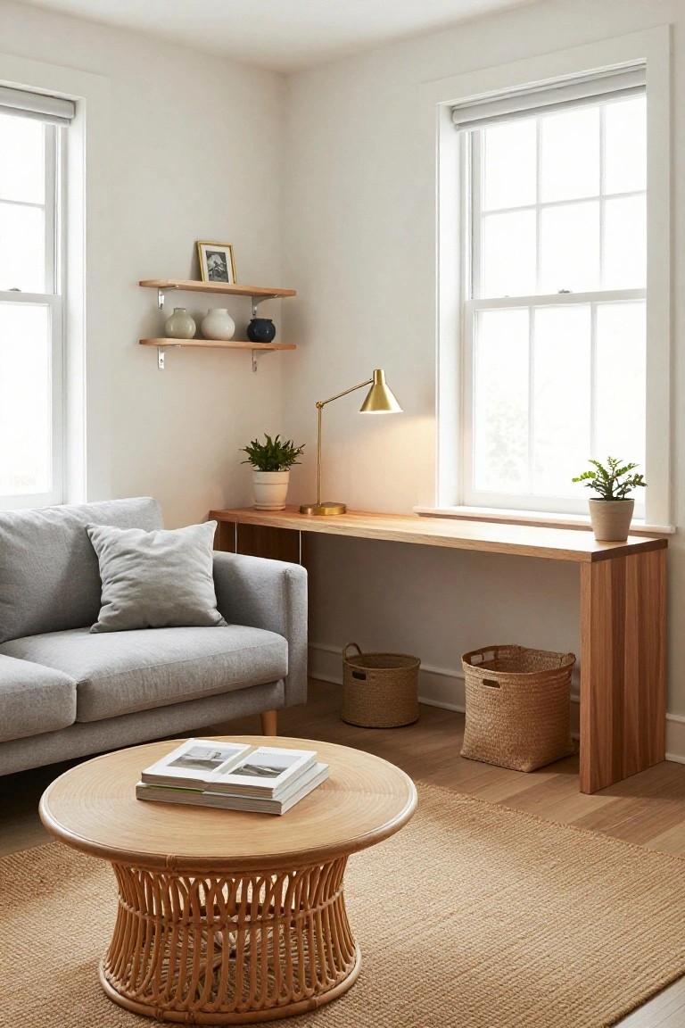 Bright living room corner with light grey sofa against wooden console table, rattan coffee table on seagrass rug, potted plants, floating wood shelves with vases by two large windows.
