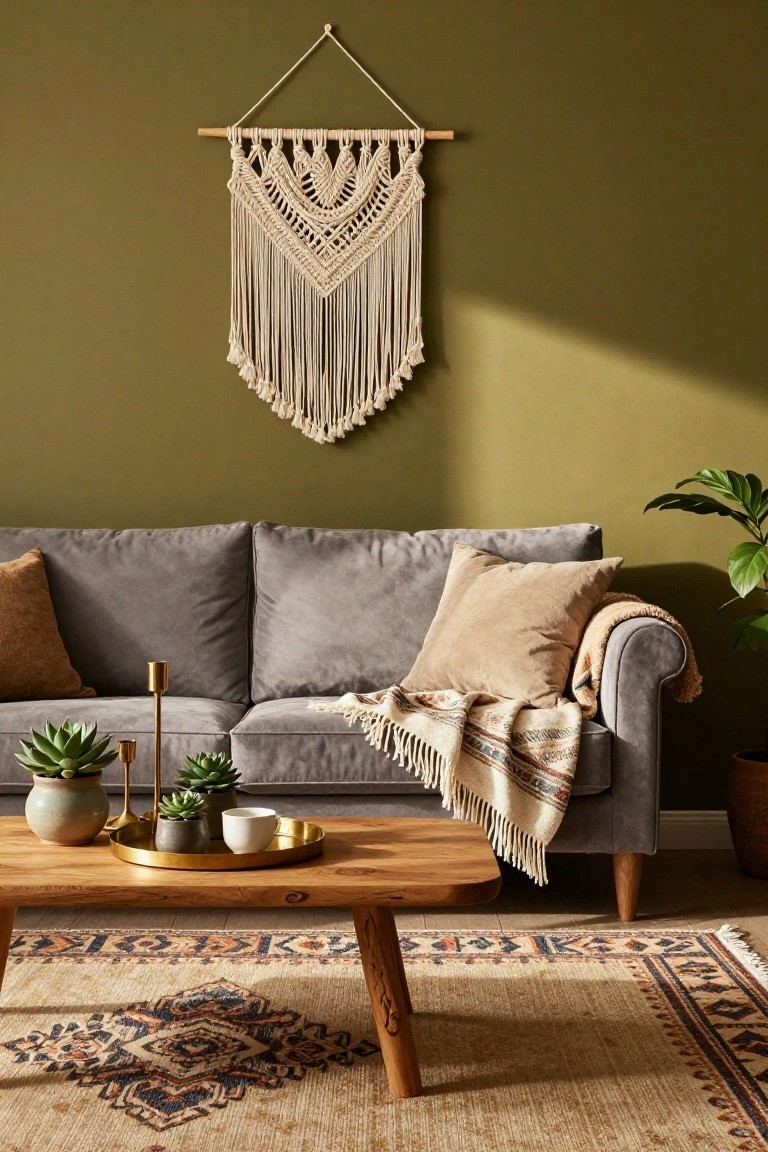 Living room with olive green walls and large white macrame wall hanging above a grey velvet sofa topped with beige pillows and woven throw, wooden coffee table with potted succulents gold tray candles and white mug, potted plants nearby, and patterned rug on floor.