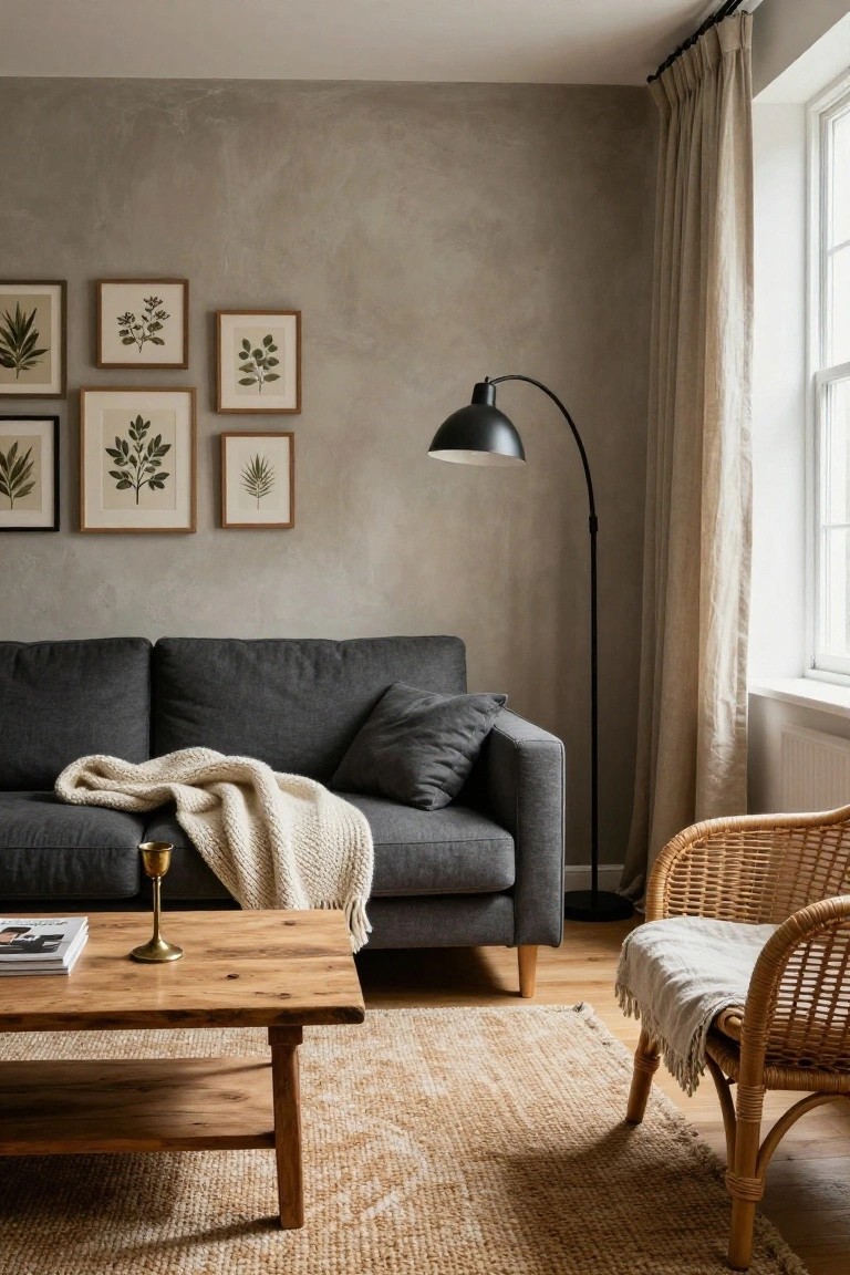 Living room with dark grey sofa draped in white knit throw, wooden coffee table with magazine and brass candlestick, rattan armchair with linen throw, black arc floor lamp, beige jute rug, and botanical prints on textured greige walls near window with cream curtains.