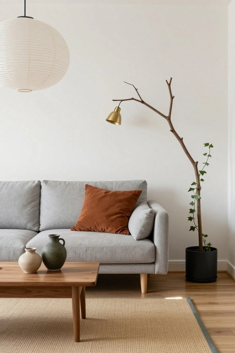 Light grey fabric sofa with burnt orange pillow and two ceramic vases on rectangular wooden coffee table in front, white walls, seagrass rug, oak floor, white paper lantern overhead, branch floor lamp with ivy in black pot nearby.
