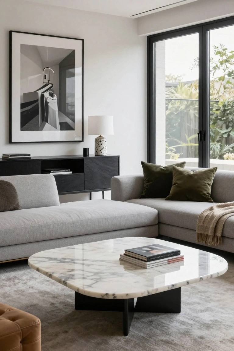 Modern living room with light gray L-shaped sofa topped with olive green velvet pillows and a beige throw, oval white marble coffee table on black base, black media cabinet, large black-framed abstract artwork, white lamp on spotted vase, and black sliding glass doors to lush garden.