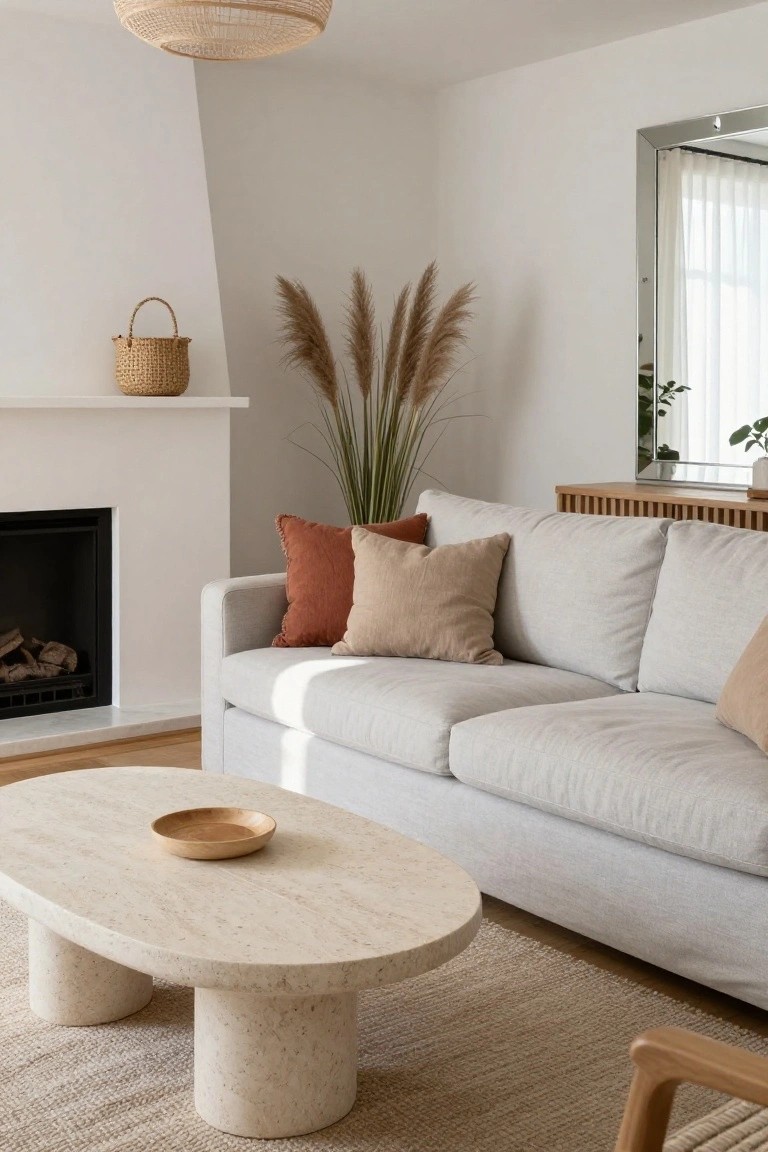 Bright living room with light gray sofa piled with terracotta and beige pillows, oval white travertine coffee table on pedestal legs, tall pampas grass by white fireplace, seagrass rug, and woven pendant light.