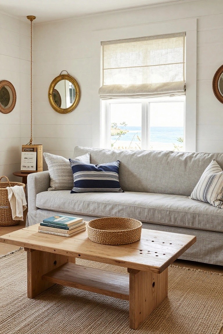 Light gray slipcovered sofa with navy striped pillows in a white shiplap-walled living room featuring a low rustic wooden coffee table topped with books and a woven basket, seagrass rug, brass nautical mirrors, rope pendant light, and ocean view through linen-shaded windows.