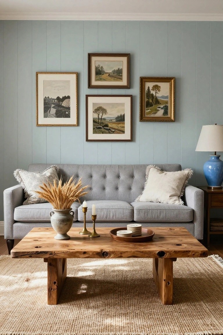 Light gray tufted sofa on beige rug in room with pale blue shiplap walls, rustic knotted wood coffee table holding gray pottery vase of wheat stalks and brass candlesticks, gallery wall of four framed landscape paintings above sofa, blue ceramic lamp on wood side table.