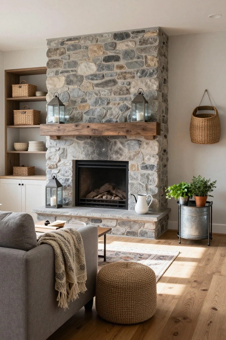 Living room with tall stacked stone fireplace under wooden beam mantel, built-in wooden shelves holding woven baskets and lanterns, grey sofa facing it, plants in metal containers, and hardwood floors.