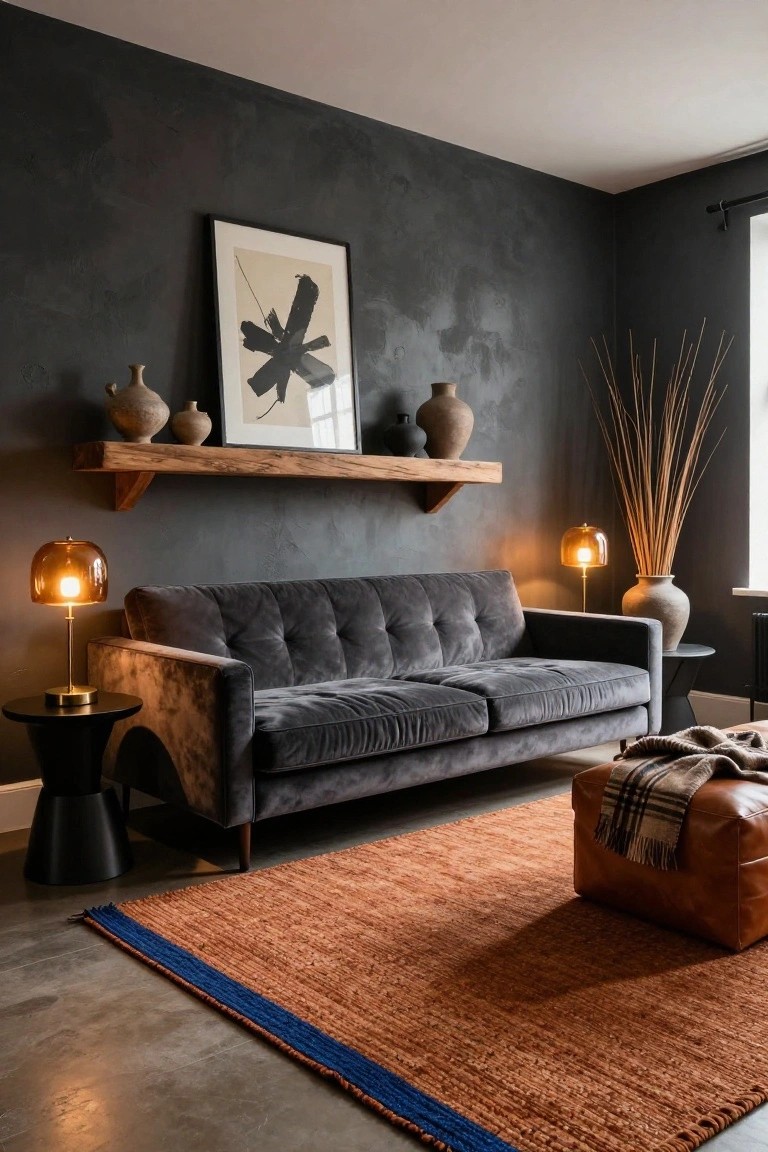 Living room with dark textured walls, wooden floating shelf holding terracotta pottery and an abstract print, tufted gray velvet sofa on orange rug with blue edging, brass globe lamps, and leather ottoman on polished concrete floor.