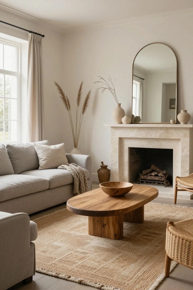 Light gray linen sofa in a neutral living room with oval wooden coffee table on beige woven rug, stone fireplace, arched gold mirror, pampas grass in vase, ceramic pots, rattan chairs, and cream throw.