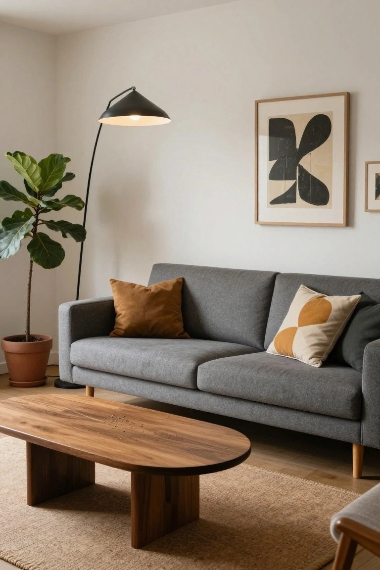 Light gray fabric sofa with rust, white, and dark pillows on a beige rug next to an oval wooden coffee table, fiddle leaf fig plant in terracotta pot, black arc floor lamp, and abstract black and white framed art on white walls.