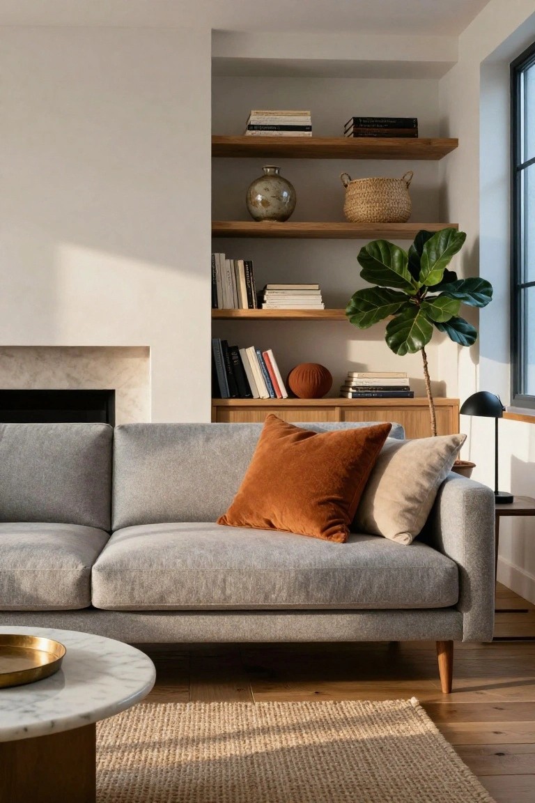Light grey fabric sofa with orange and cream pillows on a hardwood floor, next to wooden floating shelves with books, vase, basket, and plants, a fiddle leaf fig, wooden cabinets, marble coffee table with brass tray, black lamp, and jute rug in a room with fireplace and large window.