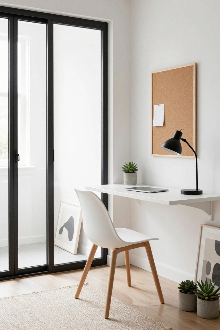 White floating desk mounted on wall in bright corner office with Eames-style white chair, black adjustable lamp, corkboard, potted succulents, abstract art prints, and black-framed sliding glass doors opening to balcony.