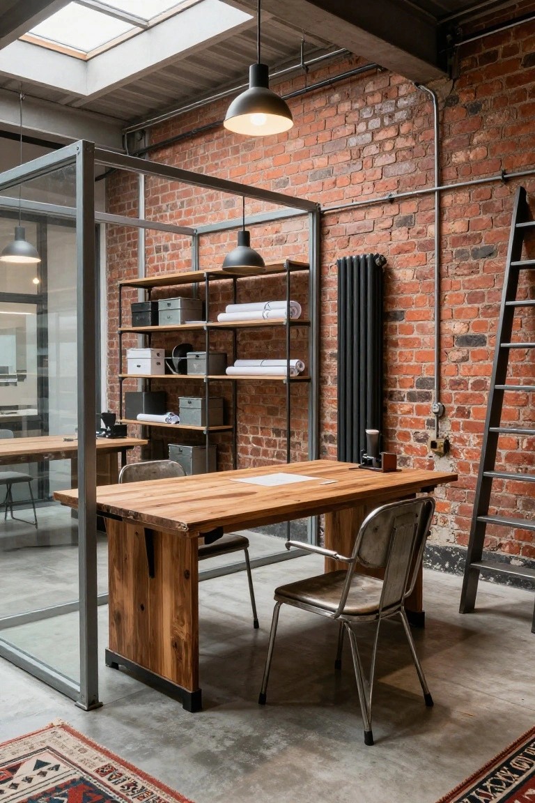 Home office nook with exposed red brick walls, metal open shelving holding boxes and rolled papers, large rectangular wooden desk, vintage metal chair, glass and metal partition, pendant lights, ladder, and radiator in an industrial-style room.