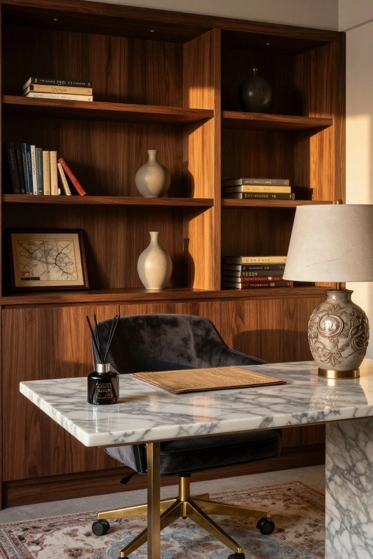 A home office with tall wooden built-in bookshelves on three walls surrounding a white marble desk, black velvet chair on gold base, reed diffuser, lamp, and assorted books and vases.