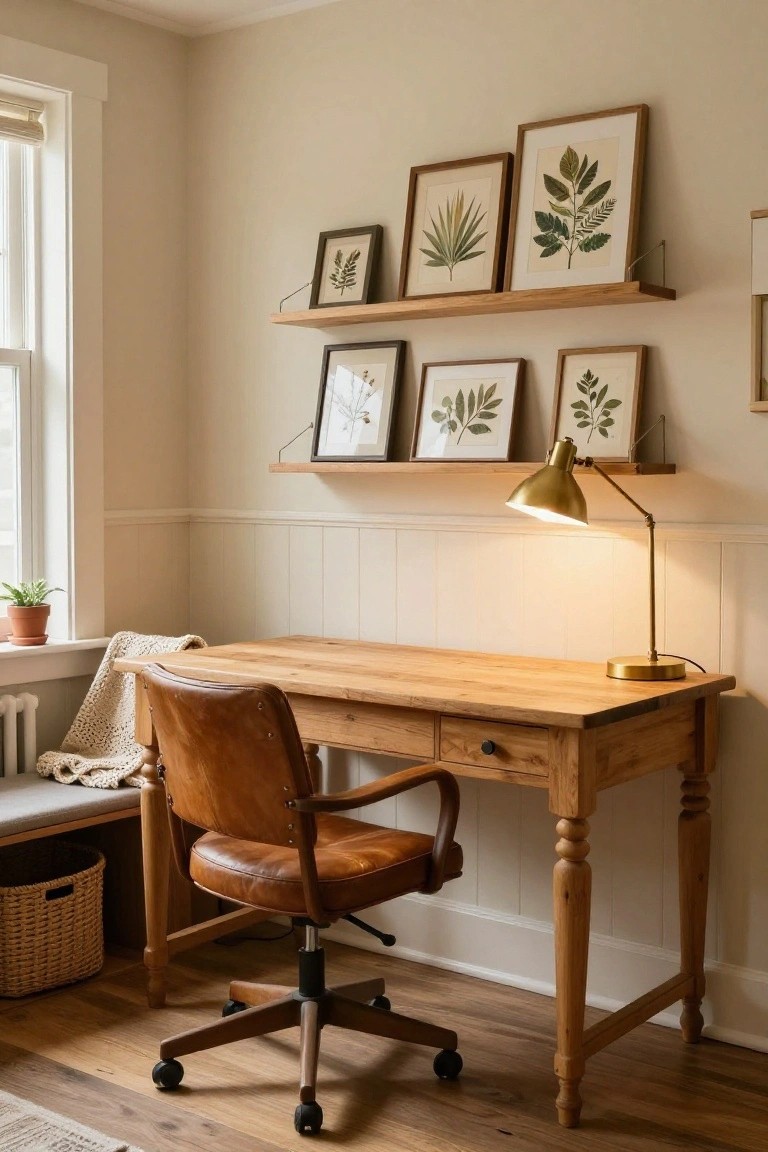A home office corner with a wooden desk featuring turned legs and a drawer, brown leather swivel chair, gold adjustable desk lamp, wooden shelves holding framed botanical prints, potted plant on windowsill, knit throw on window seat, and beige walls with wainscoting.