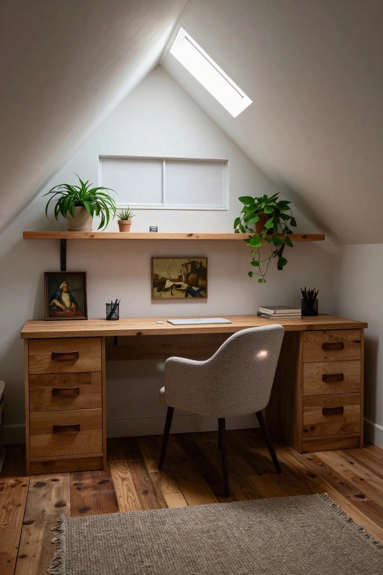 Attic home office with wooden desk featuring leather-handled drawers, gray upholstered chair, plants on floating wooden shelves, framed artwork on white walls, sloped ceilings, skylight, and hardwood floors.