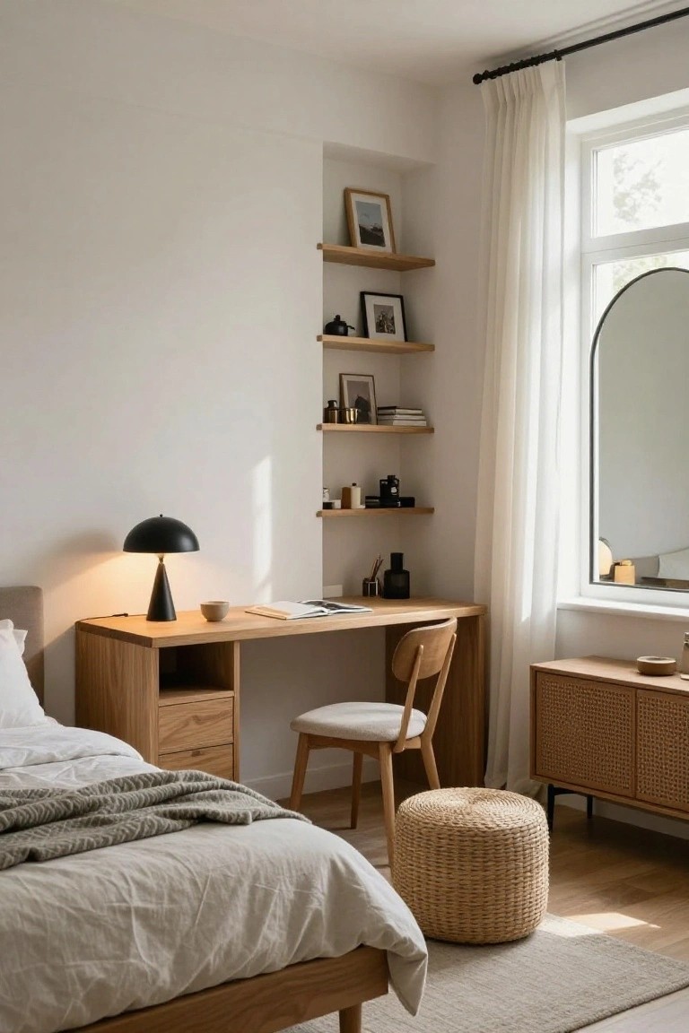 A light-filled bedroom corner with a wooden desk, black conical lamp, wooden chair, open shelves displaying books and photos, an arched mirror by the window, and a bed nearby.