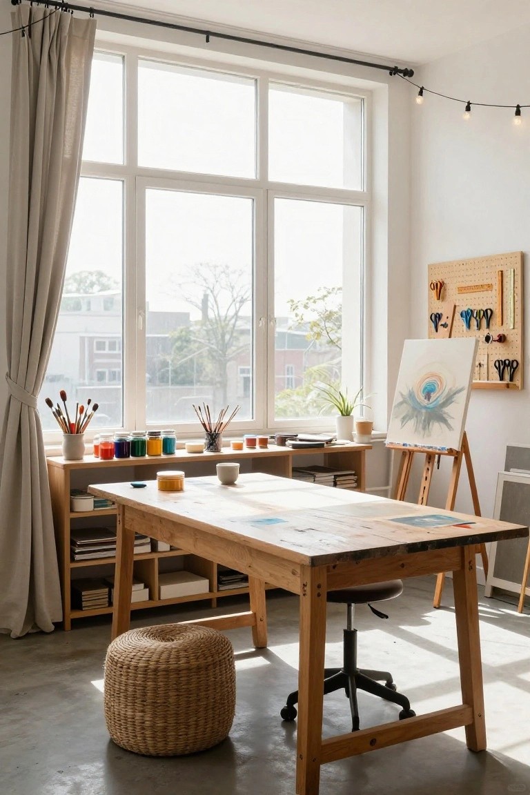 Sunlit home art studio with large wooden table desk holding papers and paint jars, surrounded by shelves, brushes in a jar, easels, potted plant, pegboard tool organizer, and big curtained windows overlooking trees.