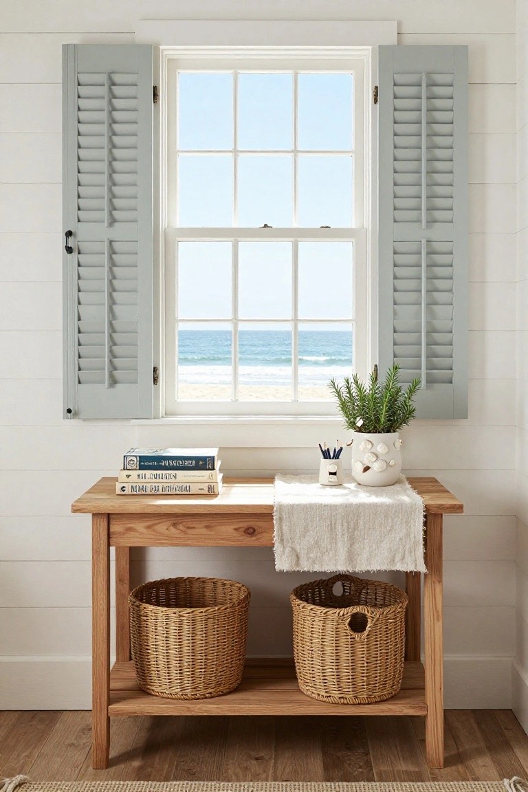 Wooden console table under a large window with open light gray shutters overlooking a beach and ocean, topped with stacked books, a white pot of rosemary plant with pencils, and two wicker baskets stored below on light wood floors.