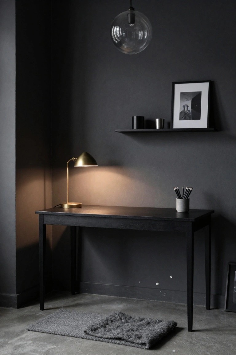 Corner home office setup with black wooden desk, lit brass gooseneck lamp, concrete mug and pencils on desk, wall shelf with black cylinders, metallic cup, and black-framed photo against dark gray walls, gray rug on concrete floor.