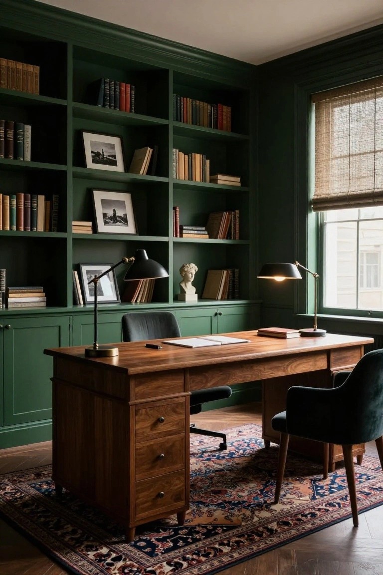 A home office with emerald green built-in bookshelves and cabinets, walnut desk, green velvet armchair, brass desk lamps, and patterned rug on wood floors.